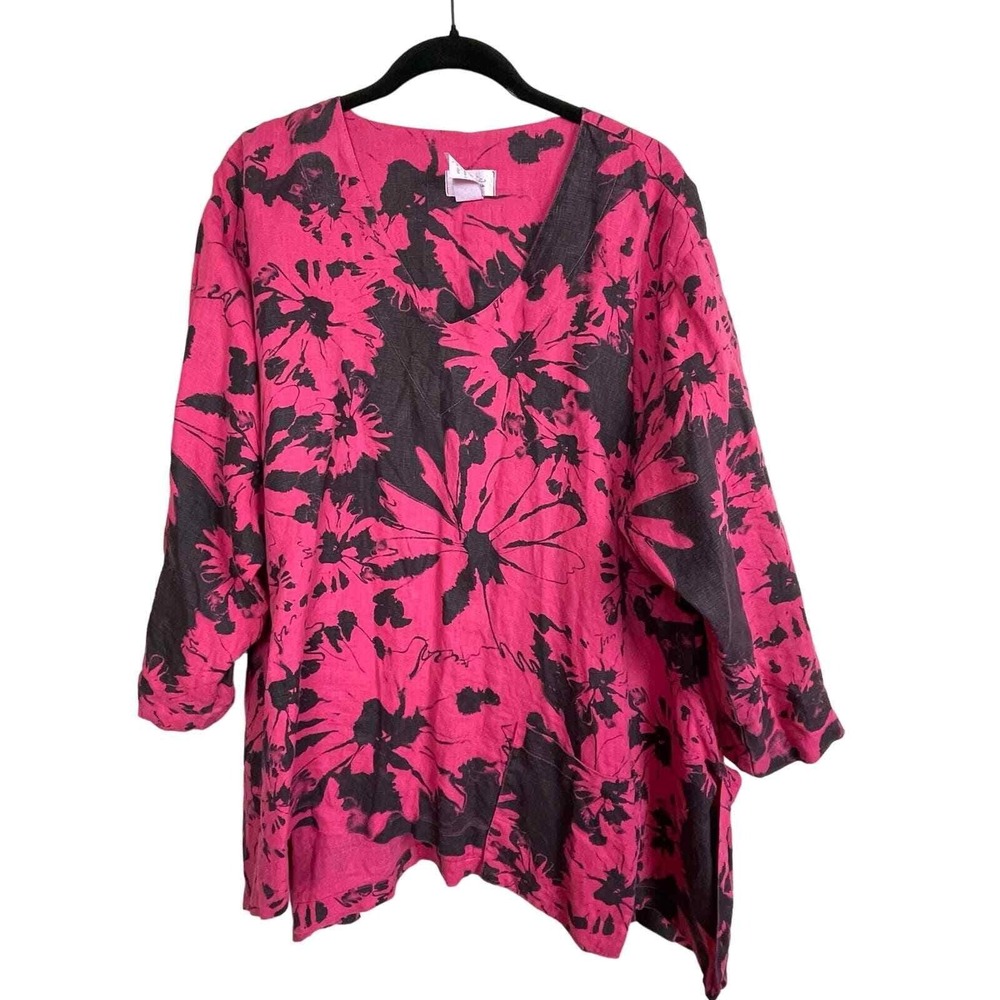 Mosaic USA Linen Tunic Women L Red Black Floral Coastal Boho Lagenlook Top